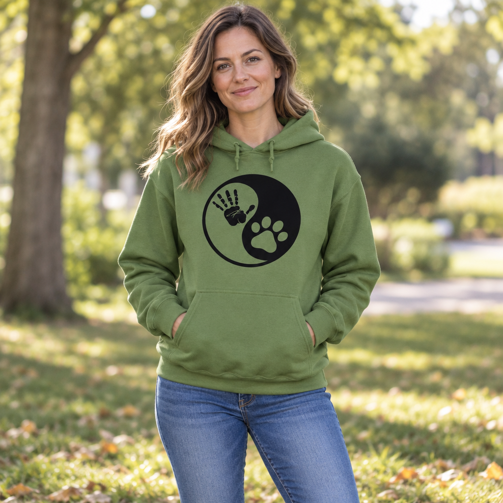 Dog Yin Yang — Military Green Hoodie — lifestyle hero