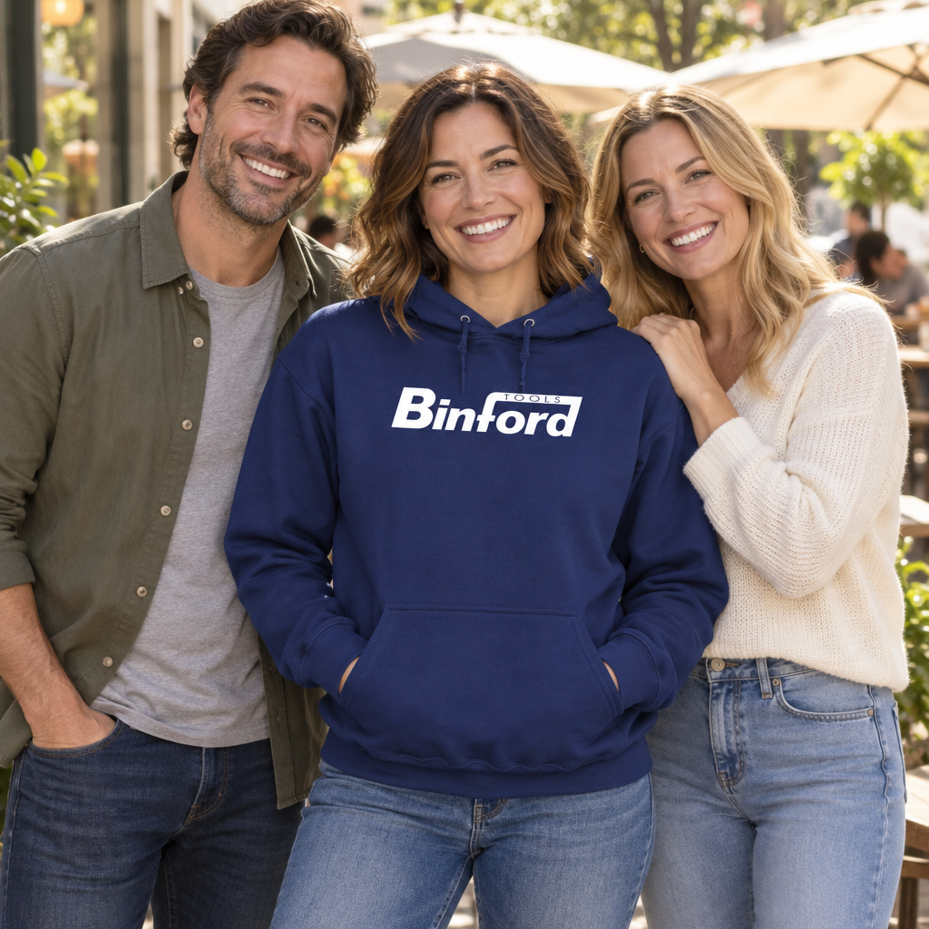 Binford Tools — Navy Hoodie — lifestyle group