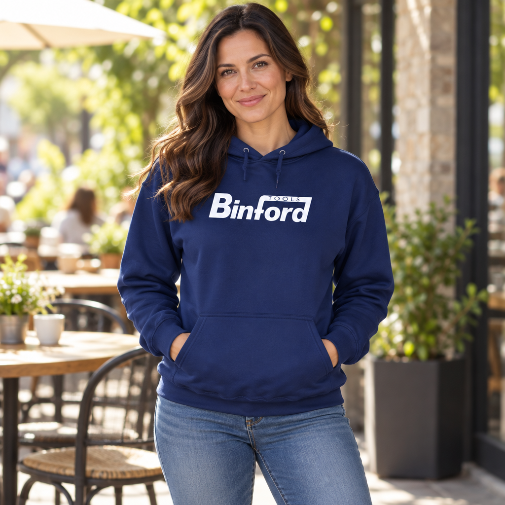 Binford Tools — Navy Hoodie — lifestyle hero