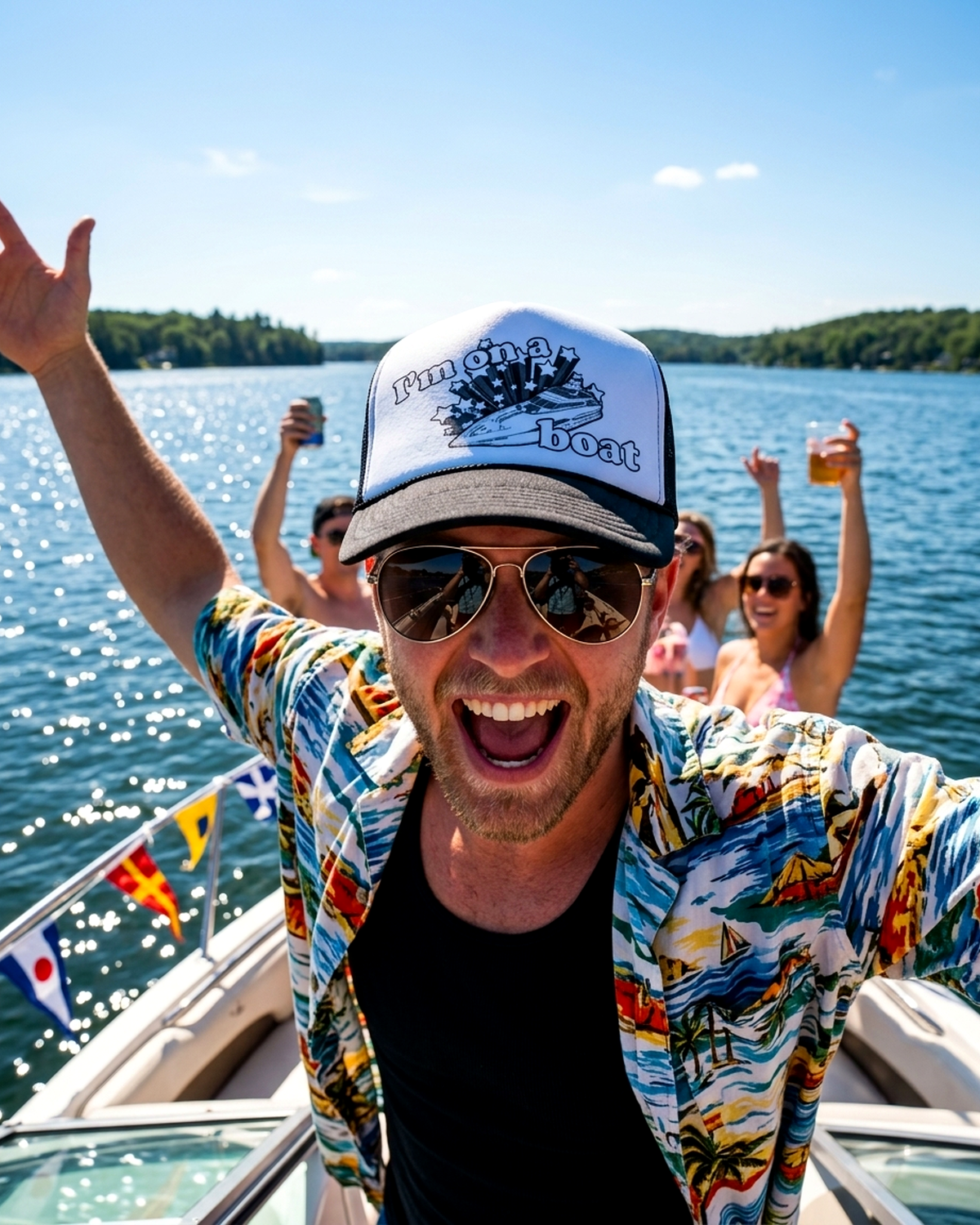 Person on a boat throwing their arms up, wearing the I'm On a Boat retro trucker hat