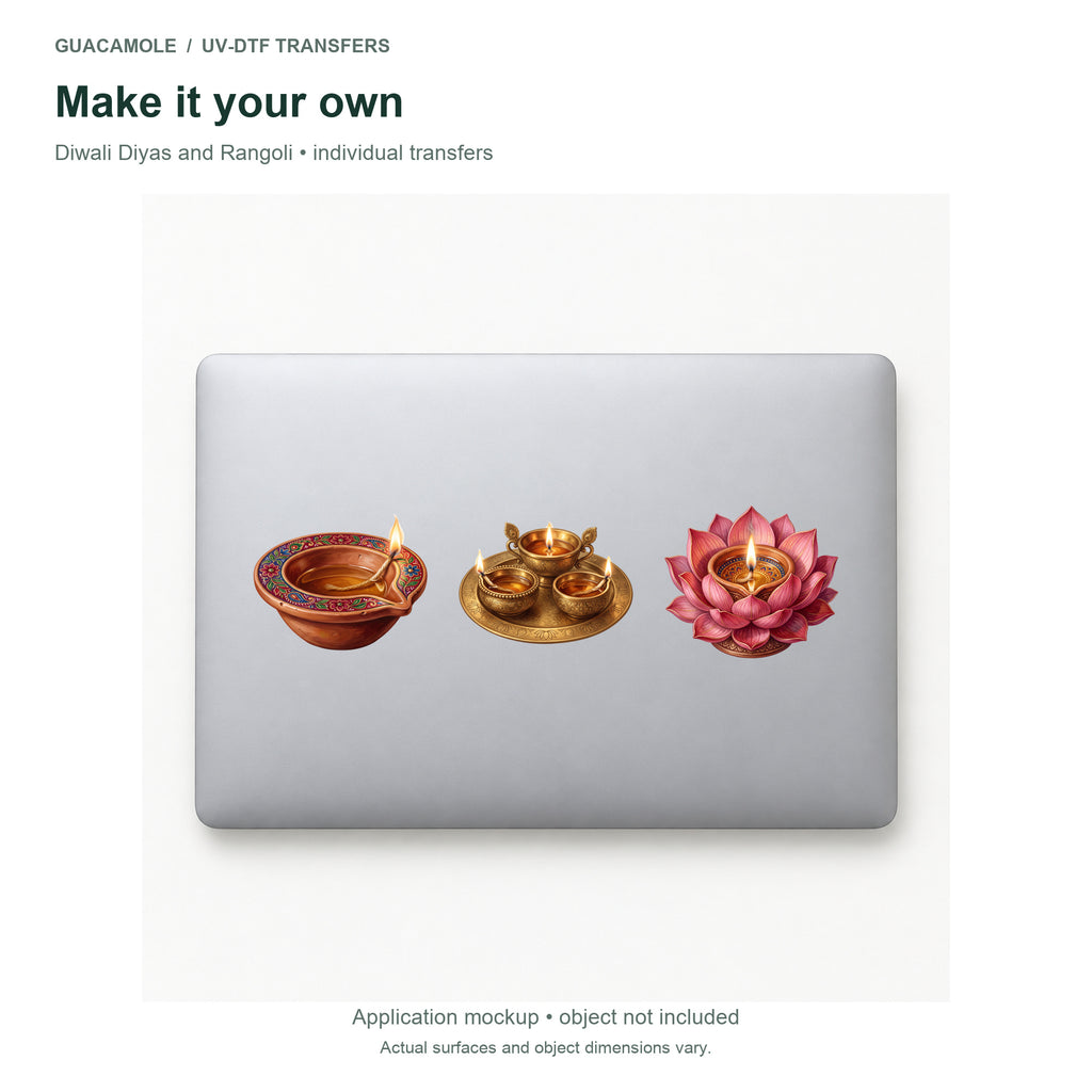 Diwali Diyas and Rangoli — Three designs on a laptop