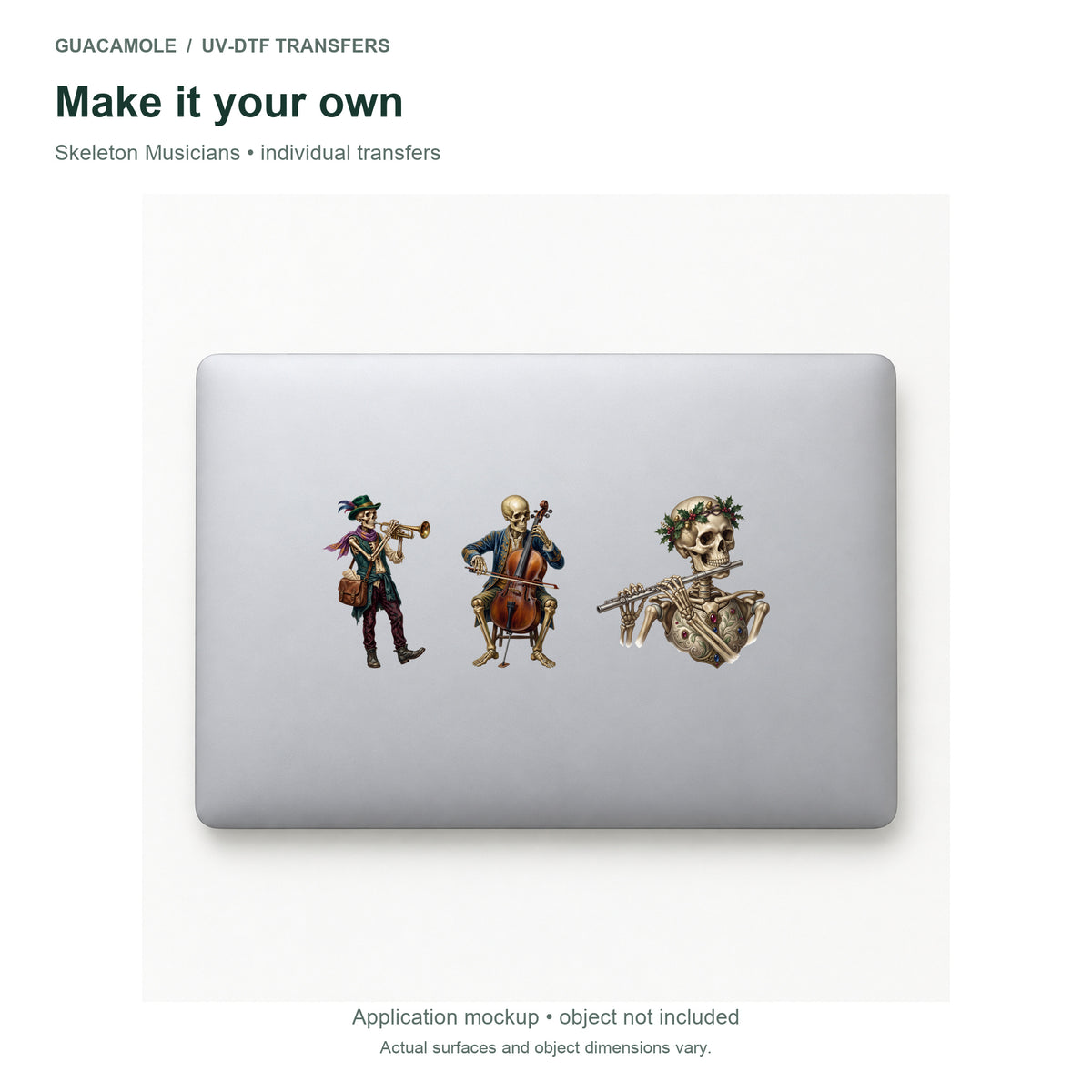 Skeleton Musicians — Three designs on a laptop