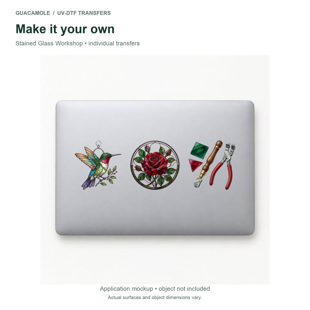 Stained Glass Workshop — Three designs on a laptop