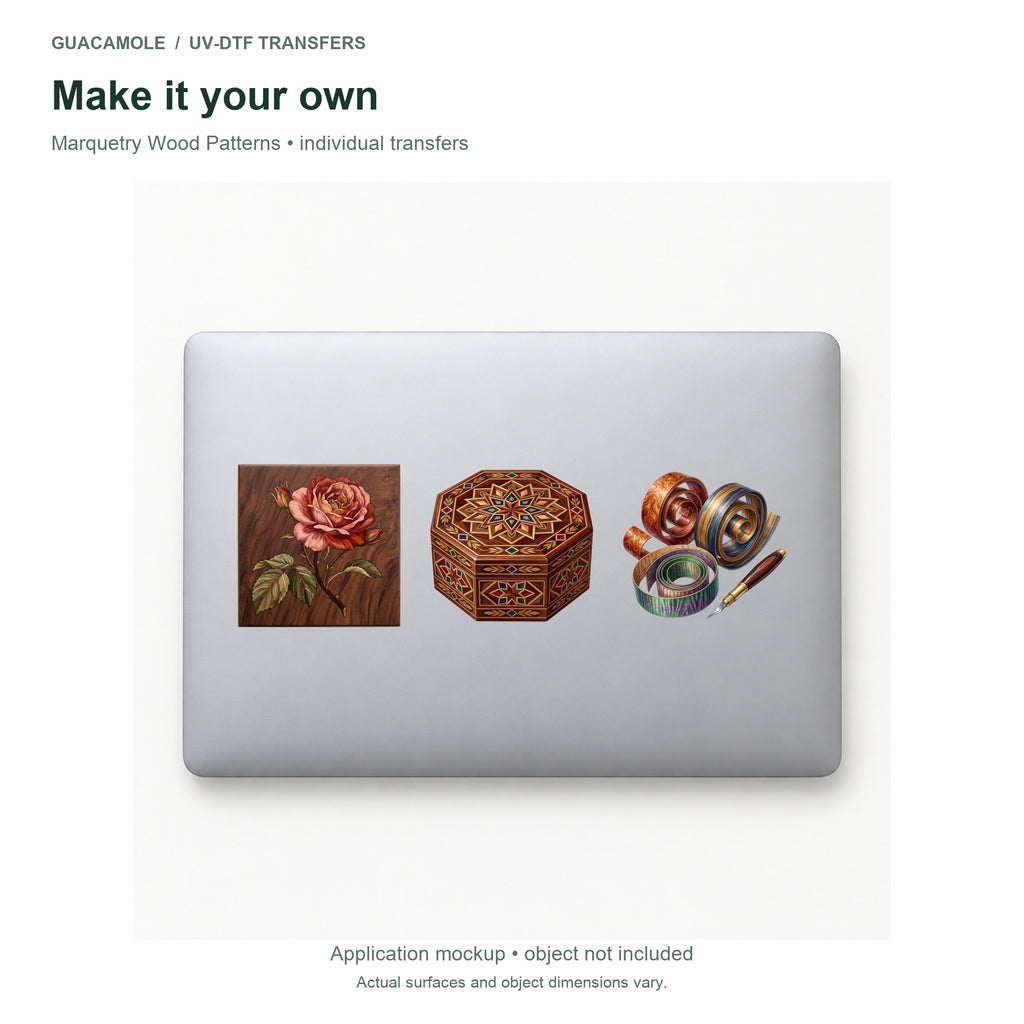 Marquetry Wood Patterns — Three designs on a laptop