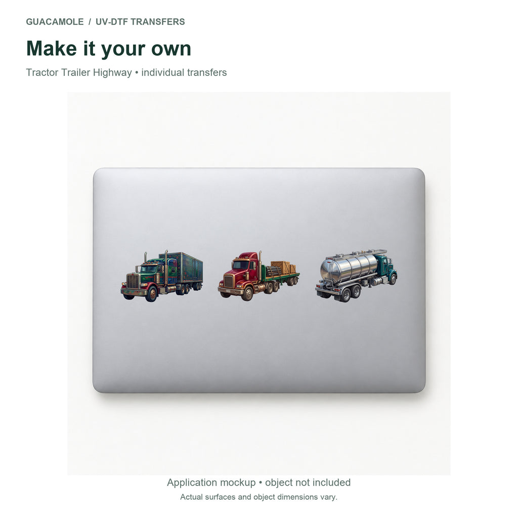 Tractor Trailer Highway — Three designs on a laptop