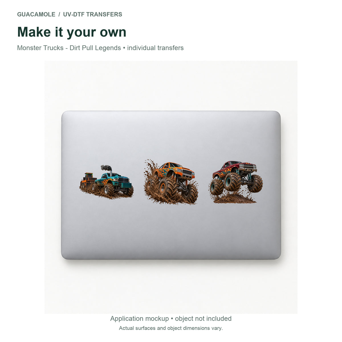 Monster Trucks - Dirt Pull Legends — Three designs on a laptop
