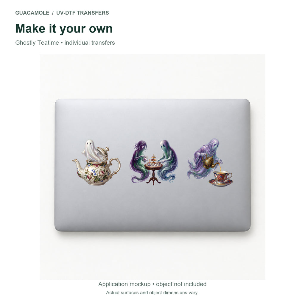 Ghostly Teatime — Three designs on a laptop