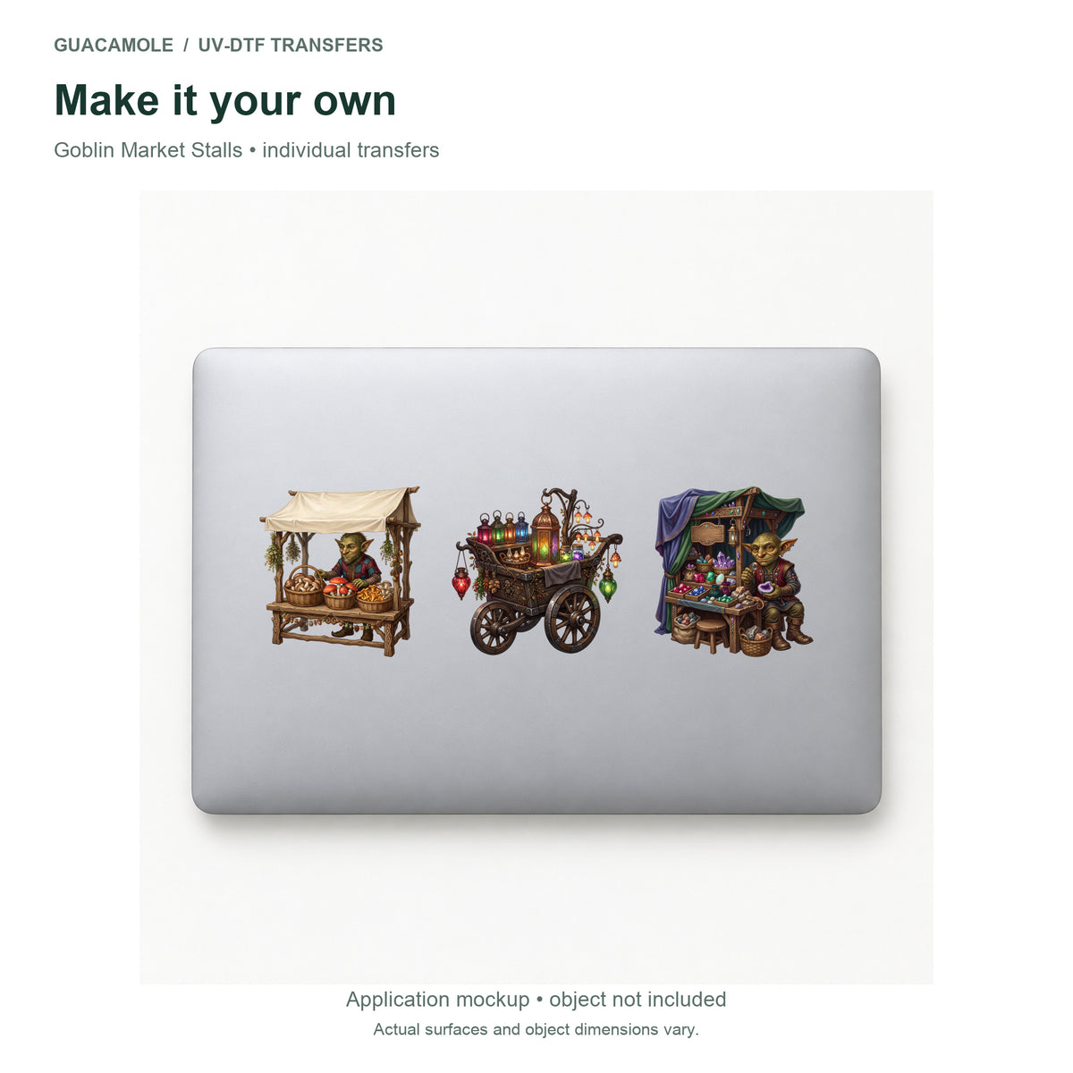 Goblin Market Stalls — Three designs on a laptop