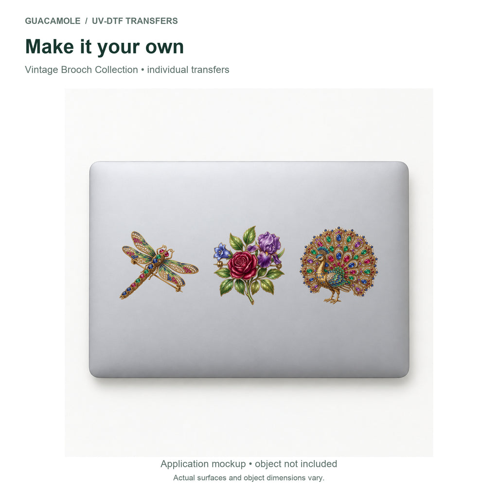 Vintage Brooch Collection — Three designs on a laptop