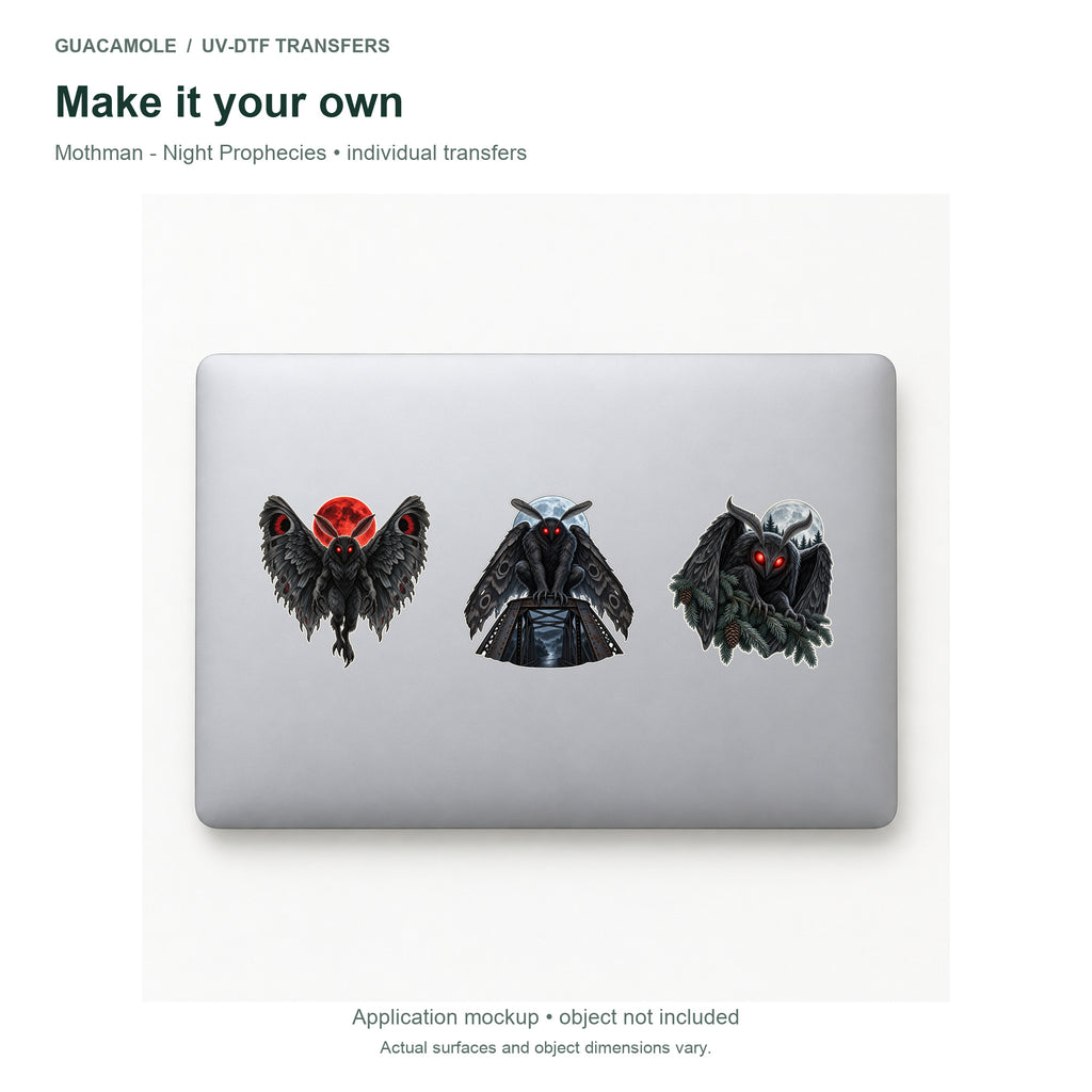 Mothman - Night Prophecies — Three designs on a laptop