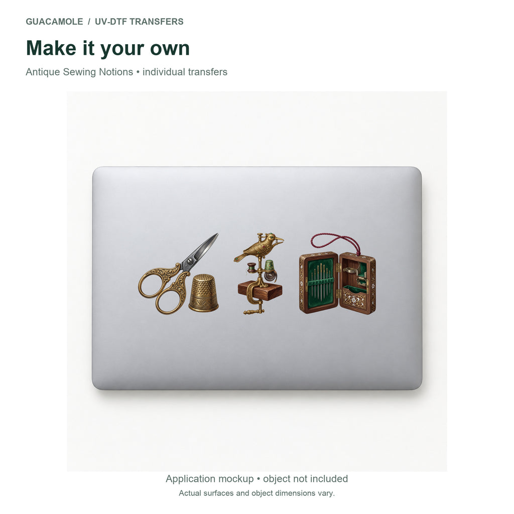 Antique Sewing Notions — Three designs on a laptop