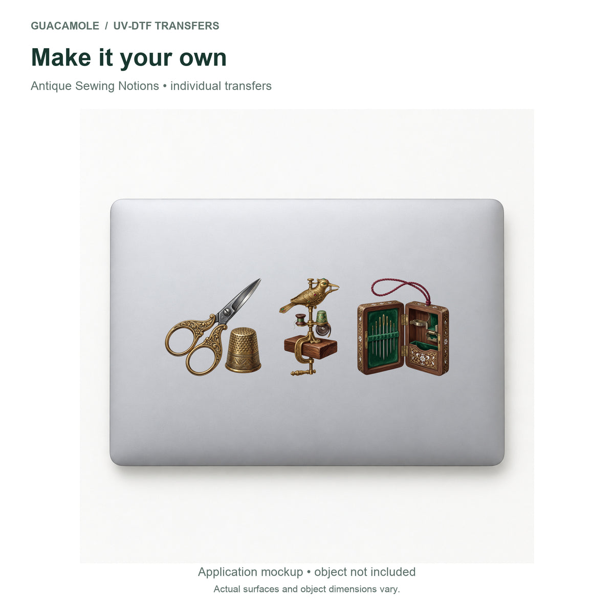 Antique Sewing Notions — Three designs on a laptop