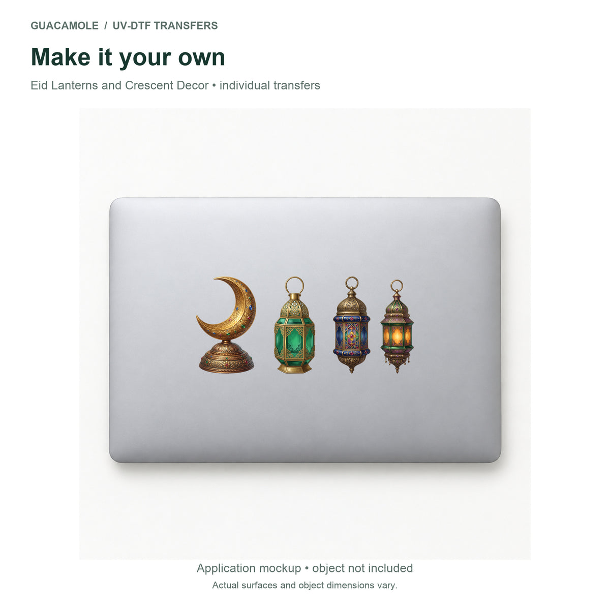Eid Lanterns and Crescent Decor — Three designs on a laptop