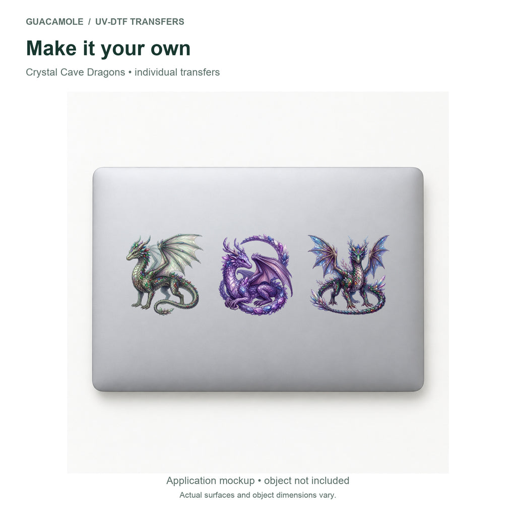 Crystal Cave Dragons — Three designs on a laptop