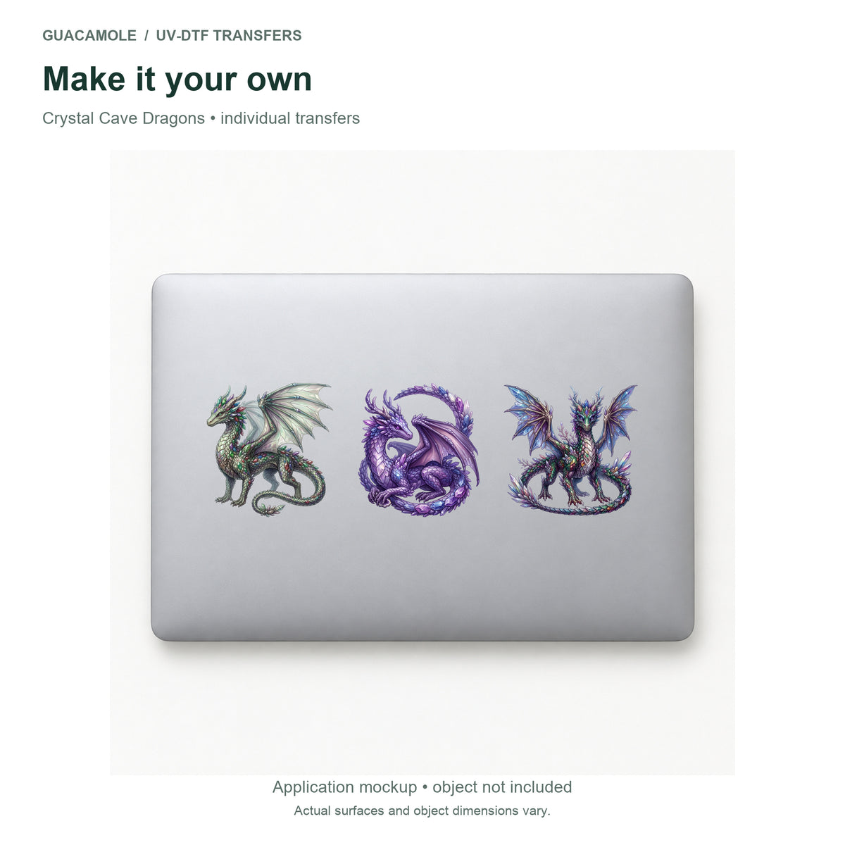 Crystal Cave Dragons — Three designs on a laptop