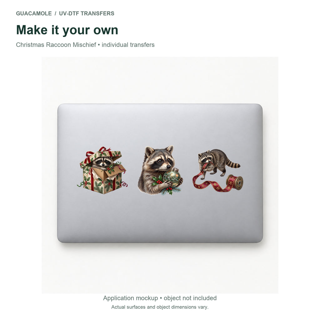 Christmas Raccoon Mischief — Three designs on a laptop