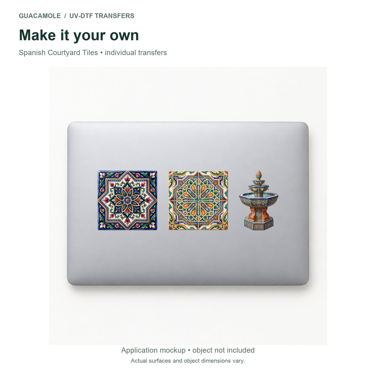 Spanish Courtyard Tiles — Three designs on a laptop