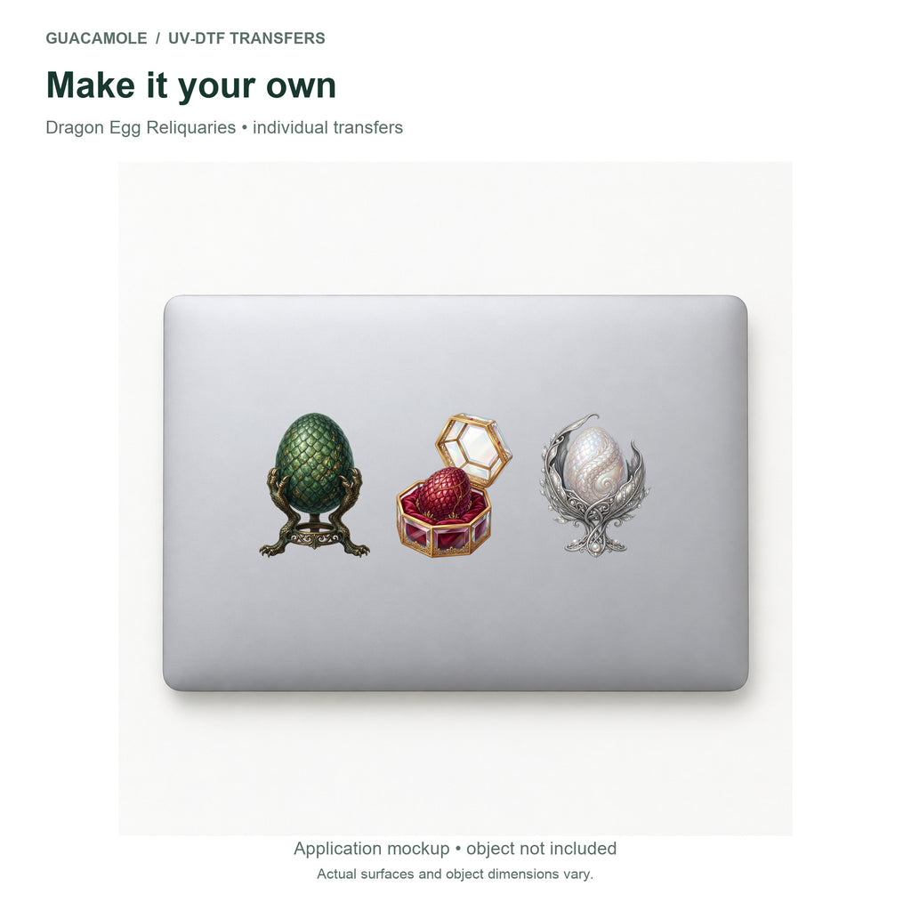 Dragon Egg Reliquaries — Three designs on a laptop