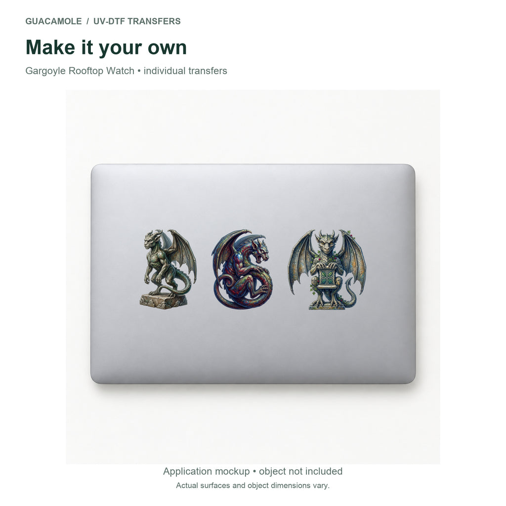 Gargoyle Rooftop Watch — Three designs on a laptop
