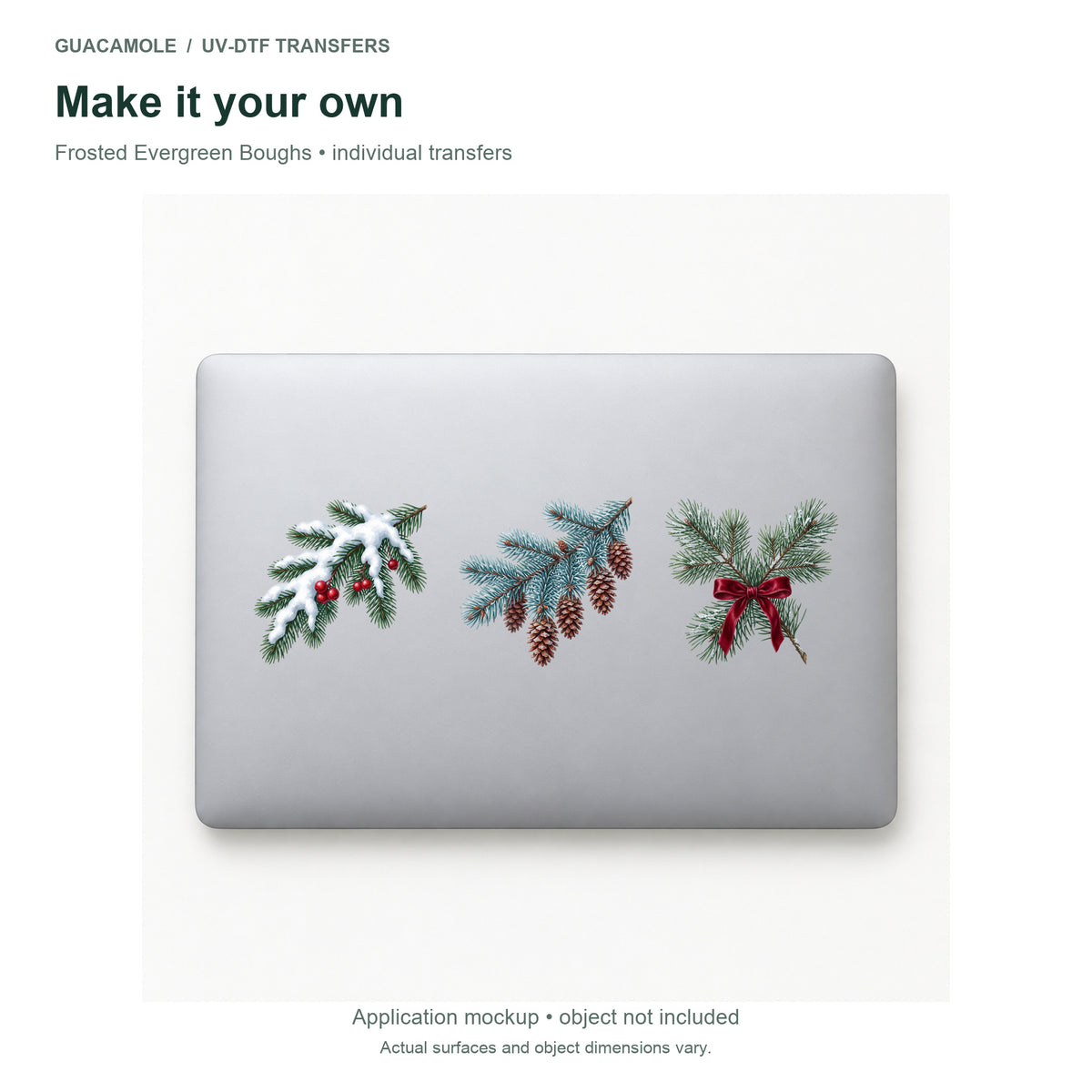 Frosted Evergreen Boughs — Three designs on a laptop