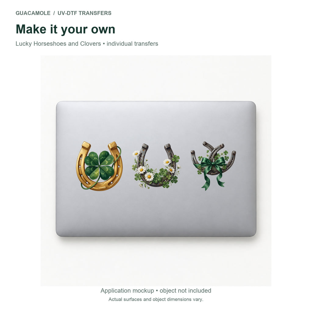 Lucky Horseshoes and Clovers — Three designs on a laptop