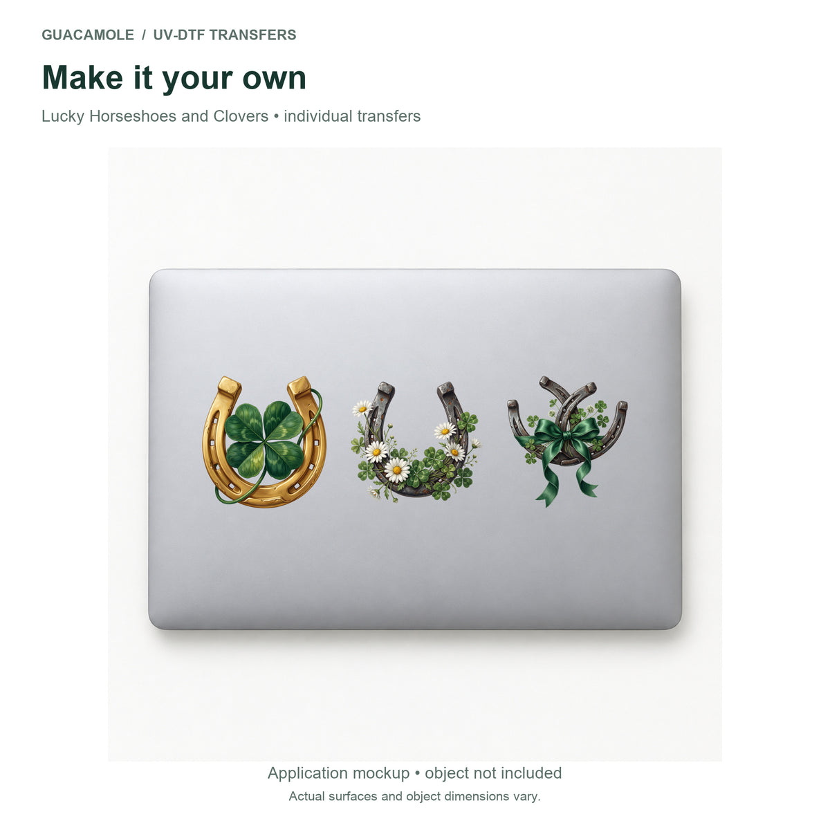 Lucky Horseshoes and Clovers — Three designs on a laptop