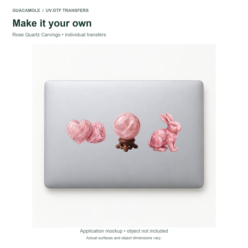 Rose Quartz Carvings — Three designs on a laptop