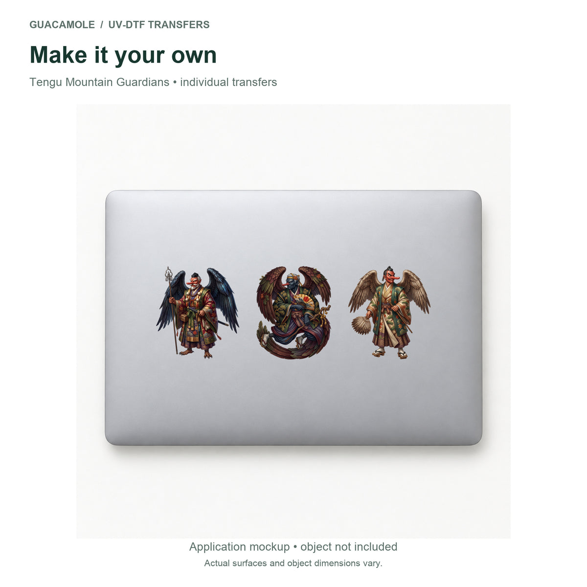 Tengu Mountain Guardians — Three designs on a laptop