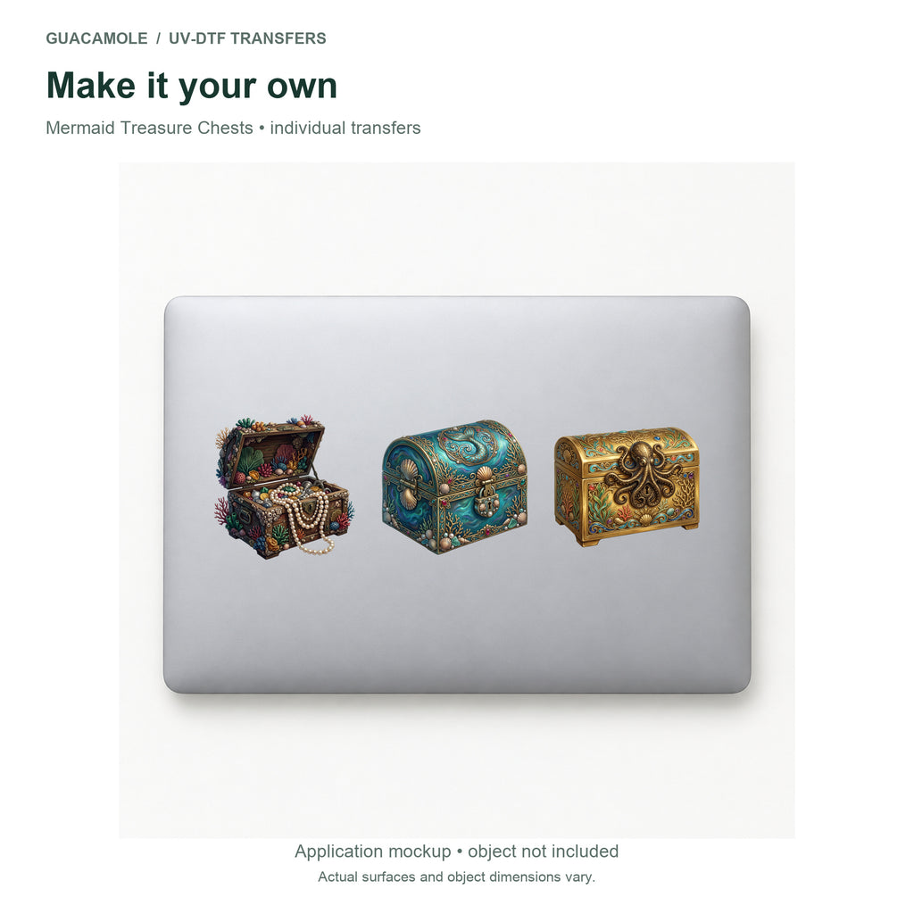 Mermaid Treasure Chests — Three designs on a laptop
