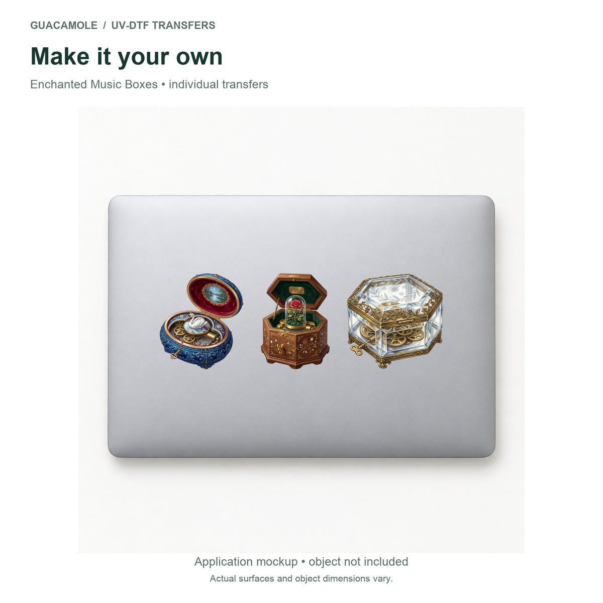 Enchanted Music Boxes — Three designs on a laptop