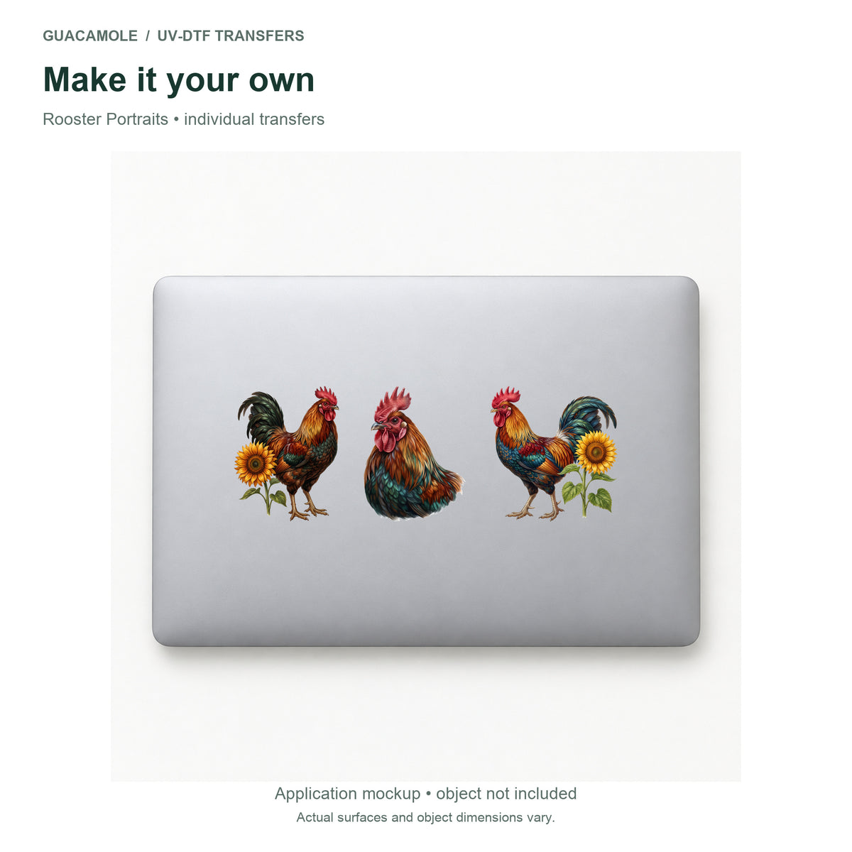 Rooster Portraits — Three designs on a laptop