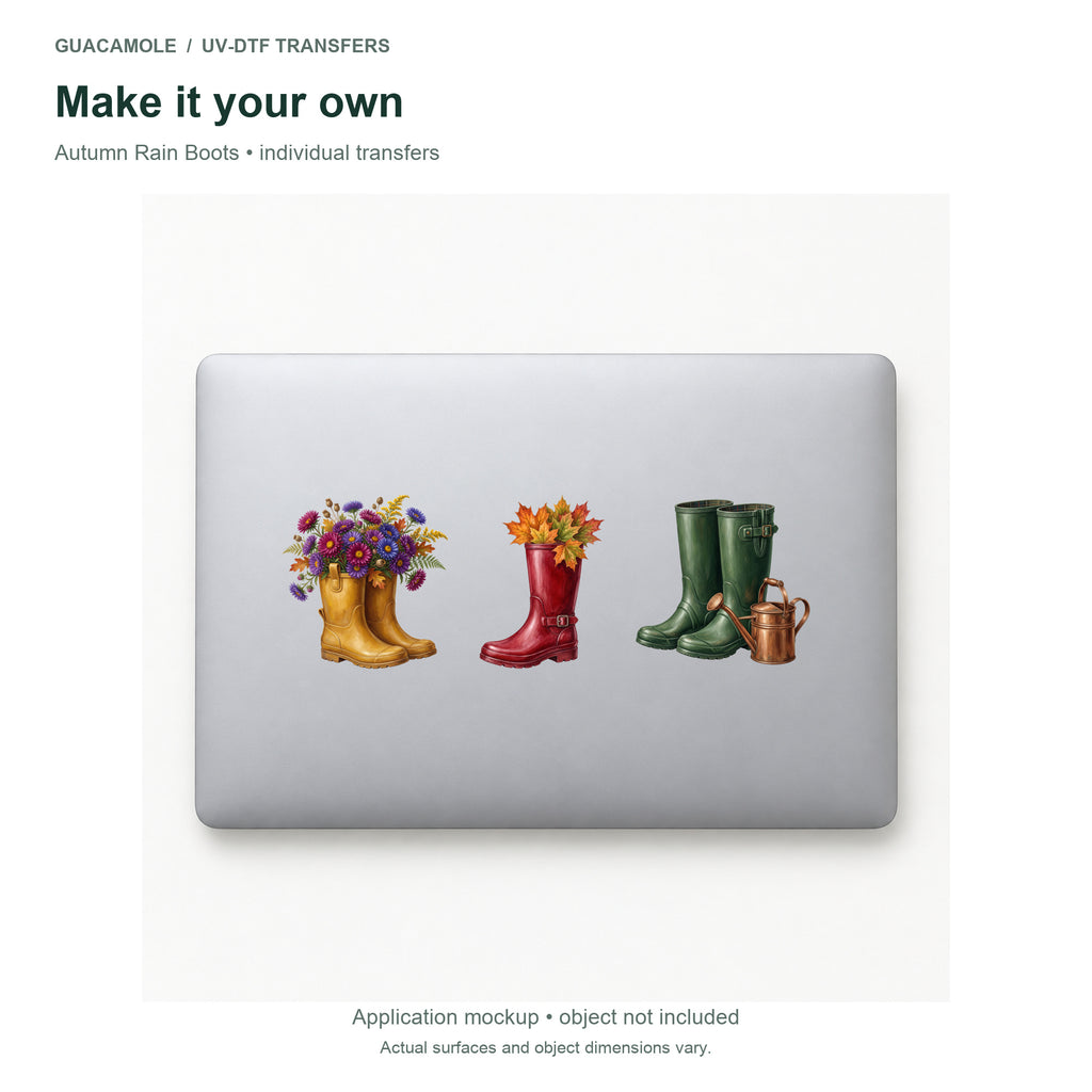 Autumn Rain Boots — Three designs on a laptop