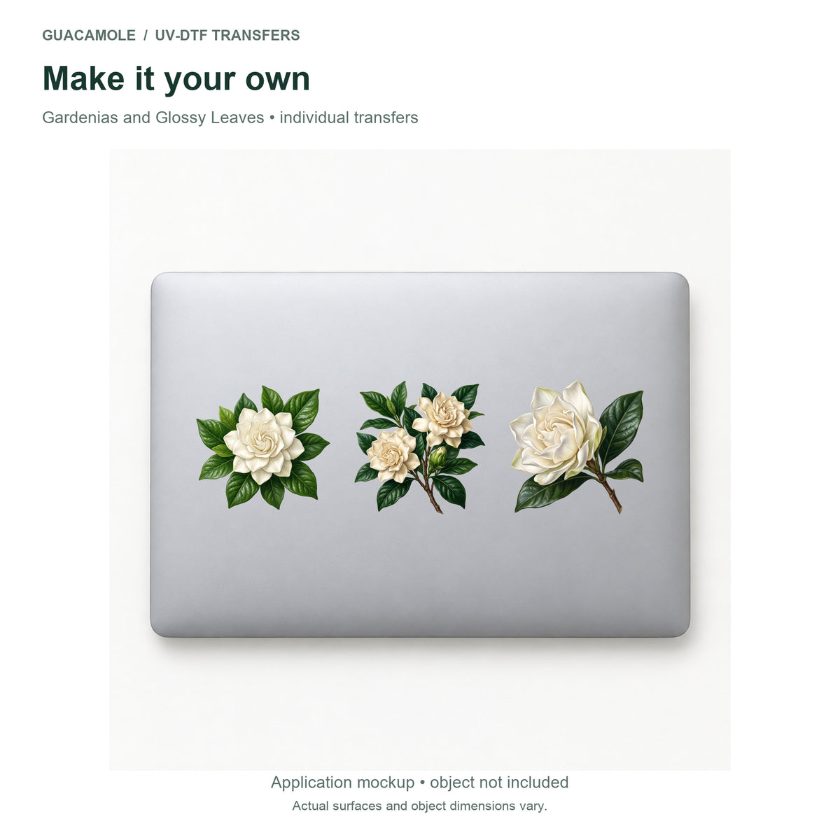 Gardenias and Glossy Leaves — Three designs on a laptop