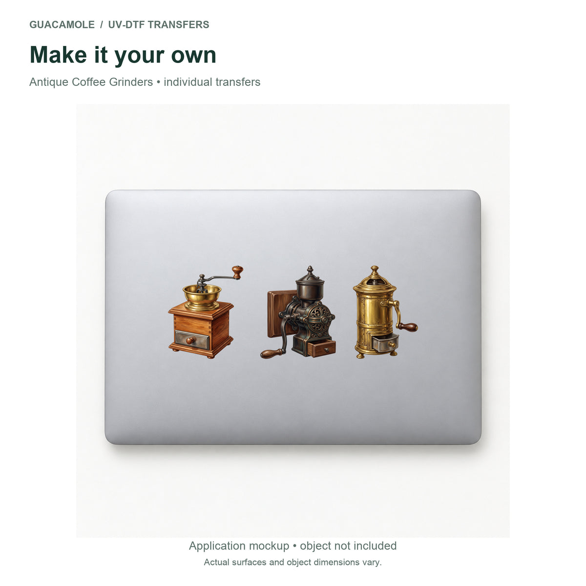 Antique Coffee Grinders — Three designs on a laptop