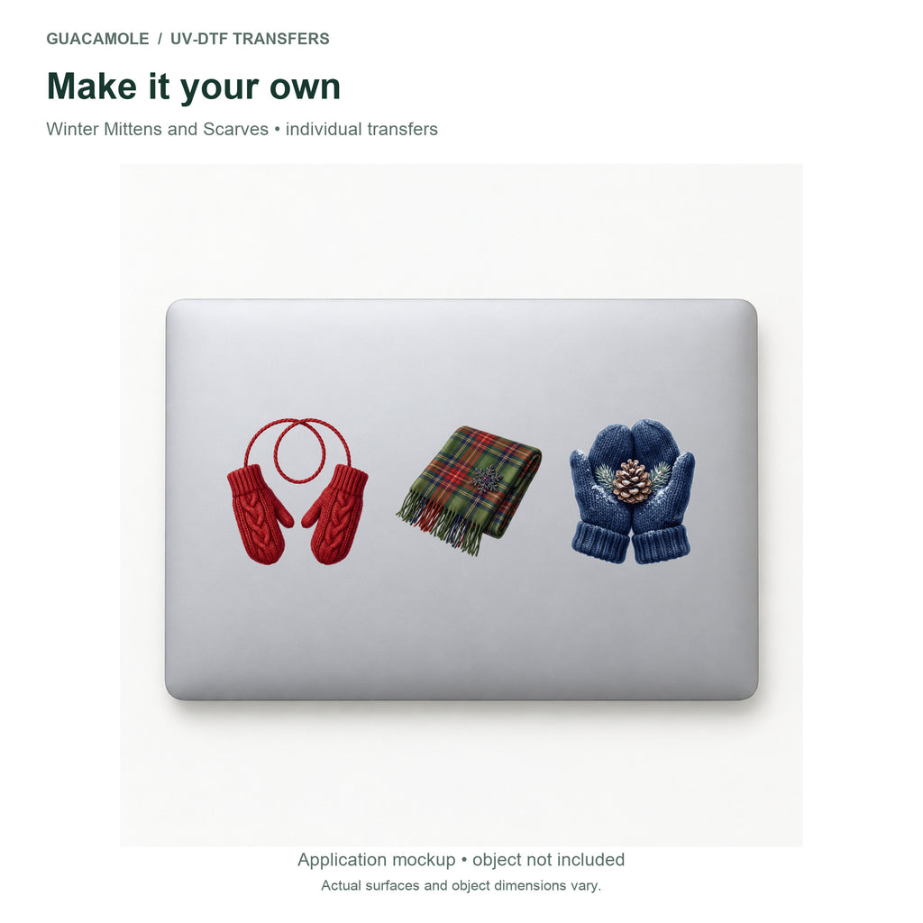 Winter Mittens and Scarves — Three designs on a laptop