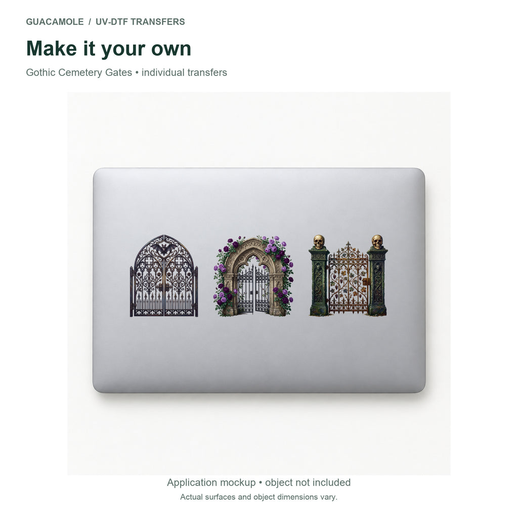 Gothic Cemetery Gates — Three designs on a laptop