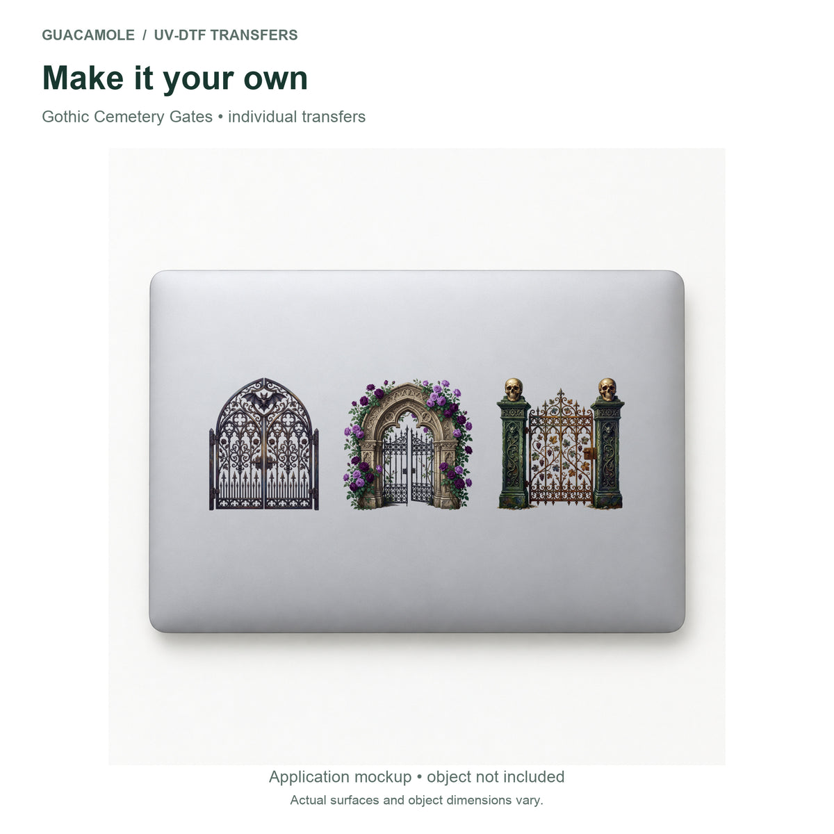 Gothic Cemetery Gates — Three designs on a laptop