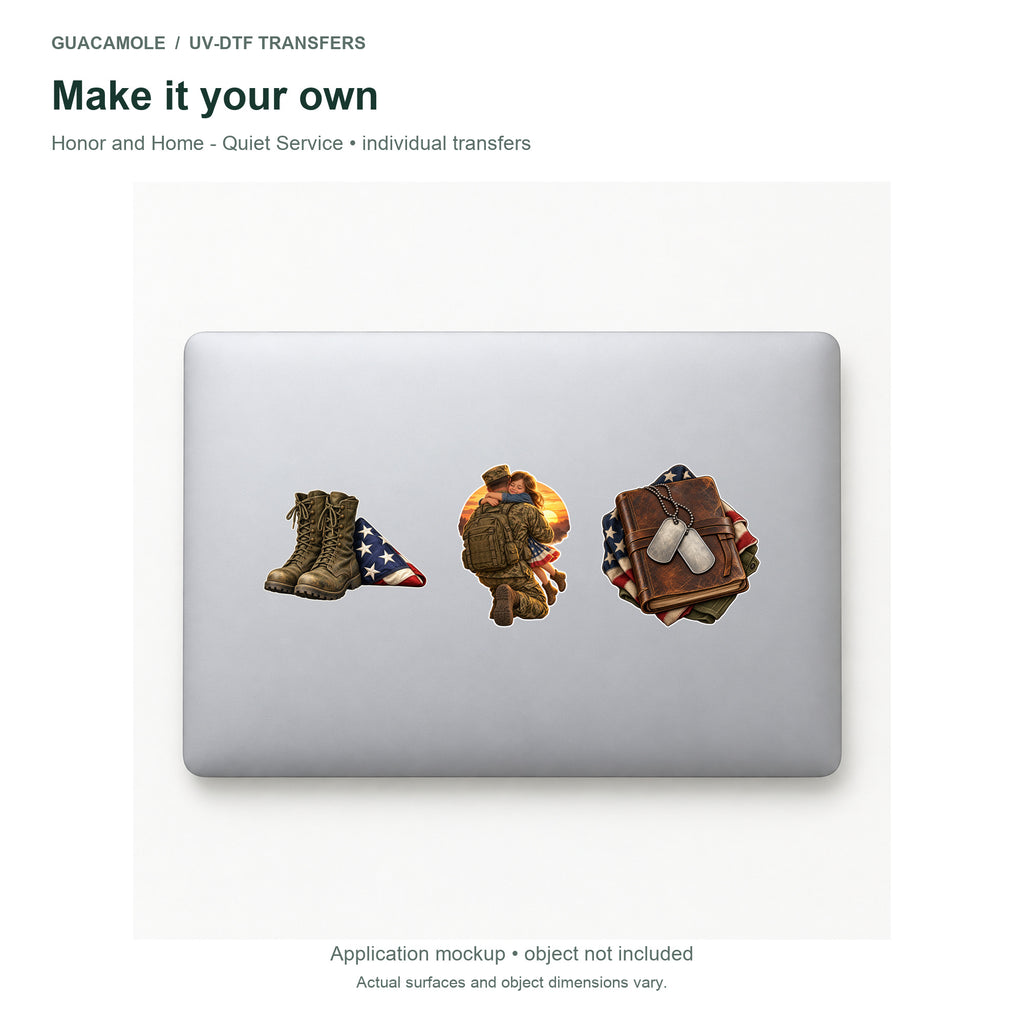 Honor and Home - Quiet Service — Three designs on a laptop