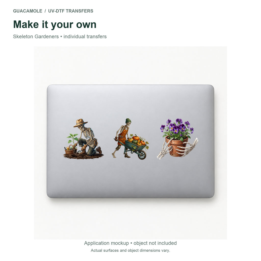 Skeleton Gardeners — Three designs on a laptop