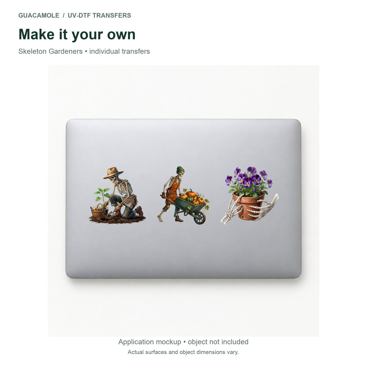 Skeleton Gardeners — Three designs on a laptop