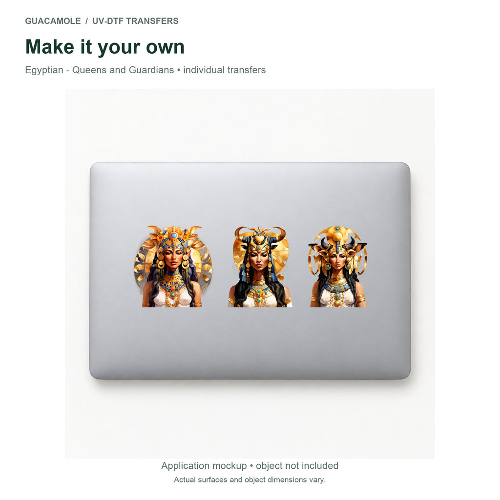 Egyptian - Queens and Guardians — Three designs on a laptop