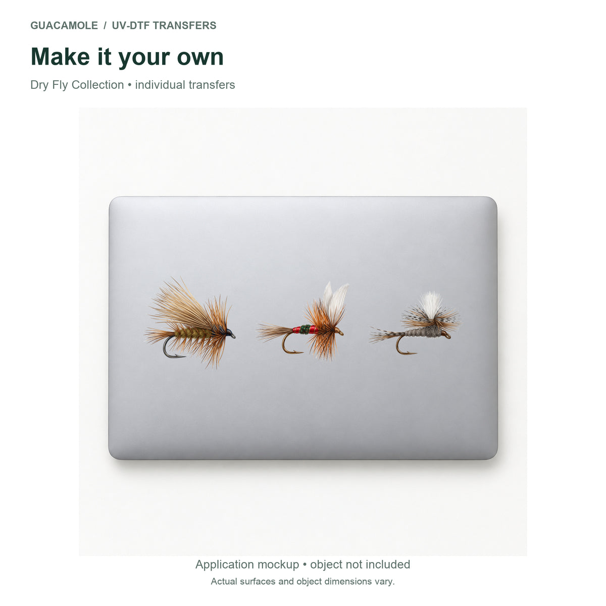 Dry Fly Collection — Three designs on a laptop