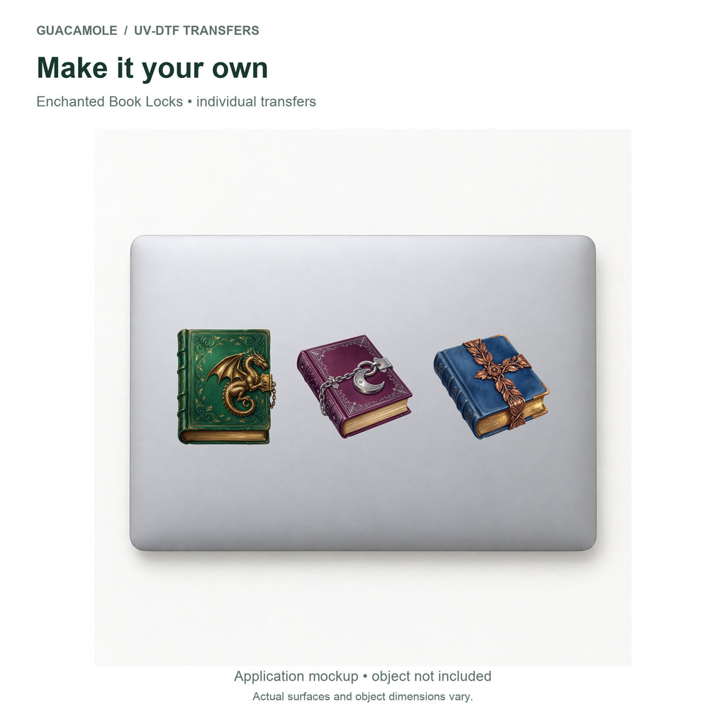 Enchanted Book Locks — Three designs on a laptop