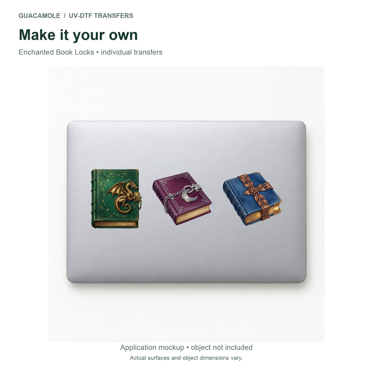 Enchanted Book Locks — Three designs on a laptop