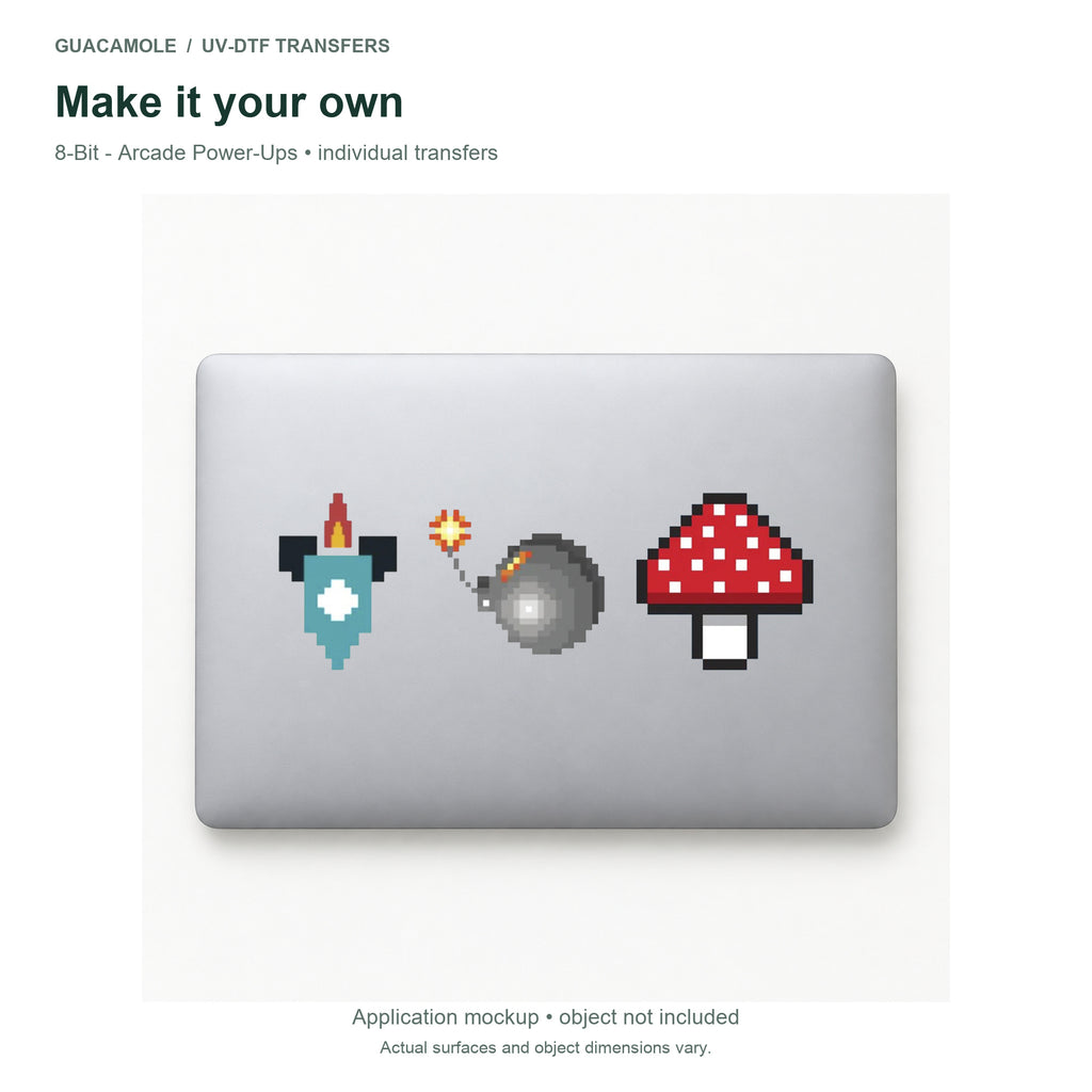 8-Bit - Arcade Power-Ups — Three designs on a laptop
