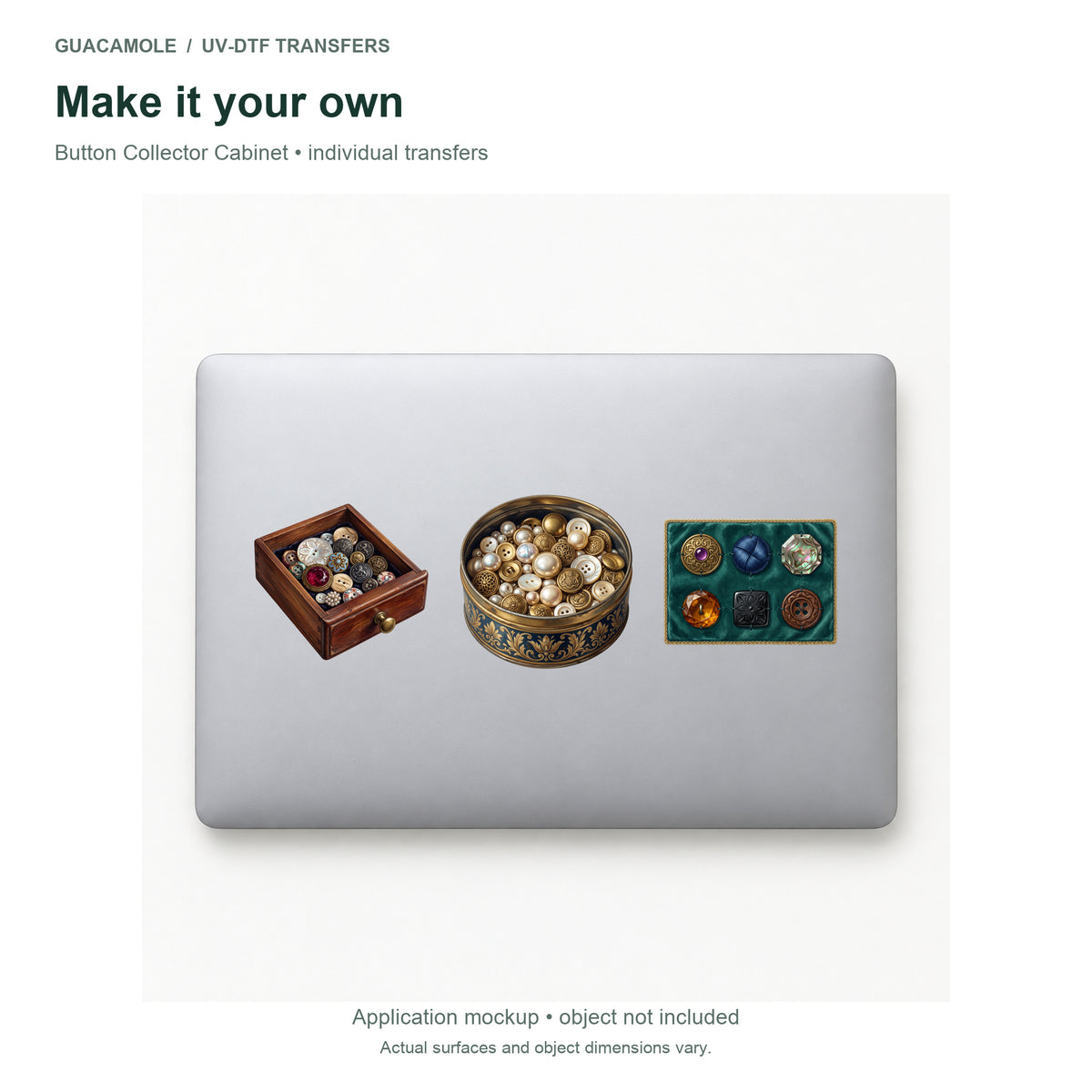Button Collector Cabinet — Three designs on a laptop