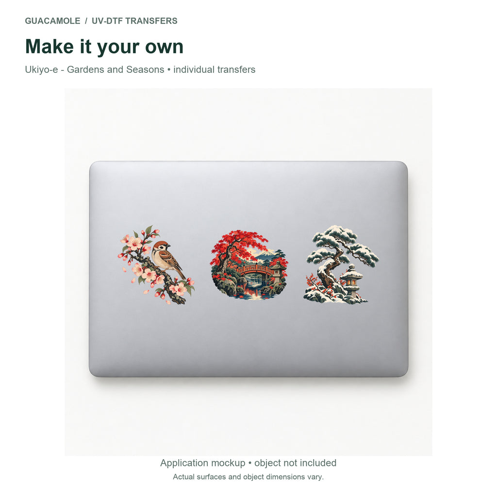 Ukiyo-e - Gardens and Seasons — Three designs on a laptop