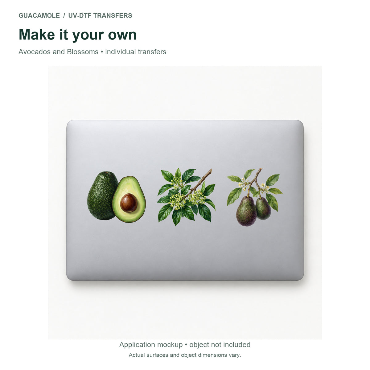 Avocados and Blossoms — Three designs on a laptop