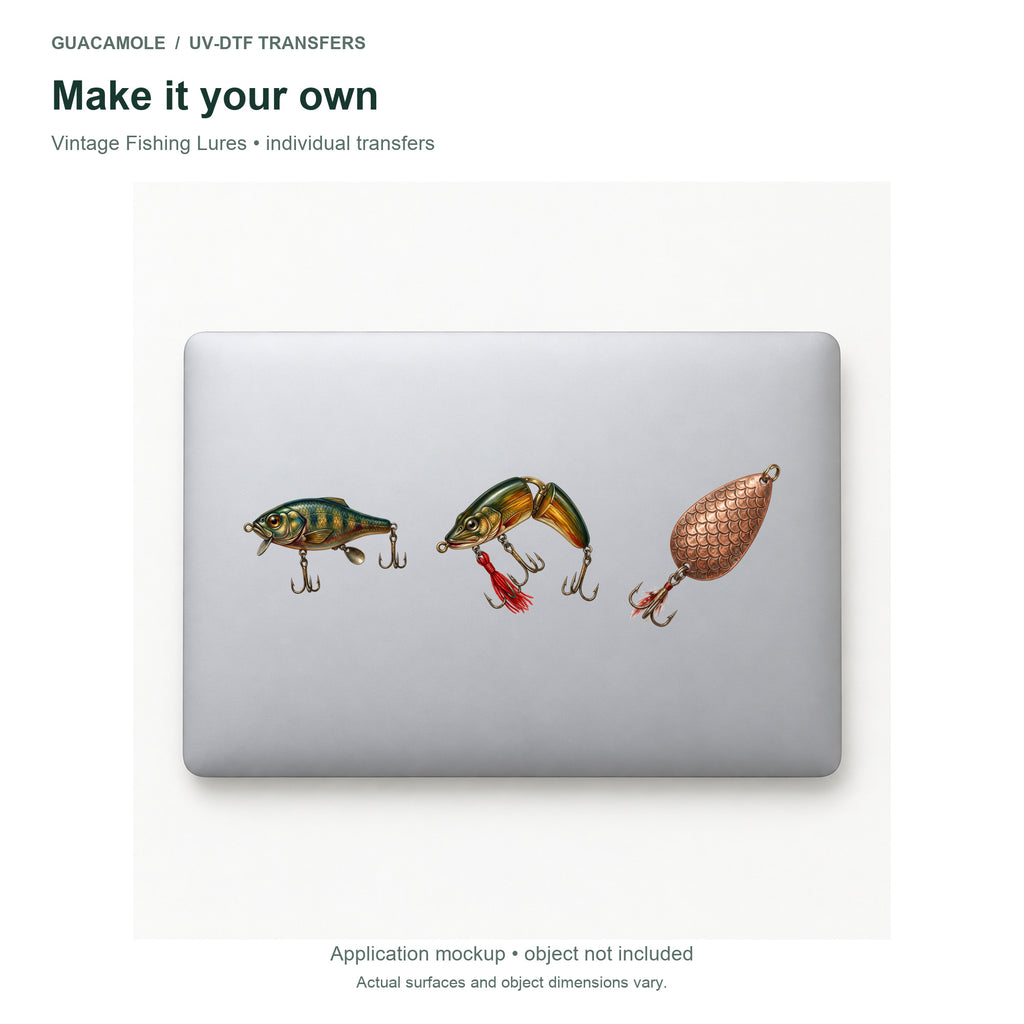 Vintage Fishing Lures — Three designs on a laptop