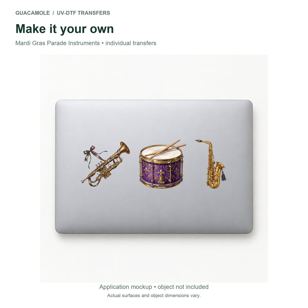 Mardi Gras Parade Instruments — Three designs on a laptop